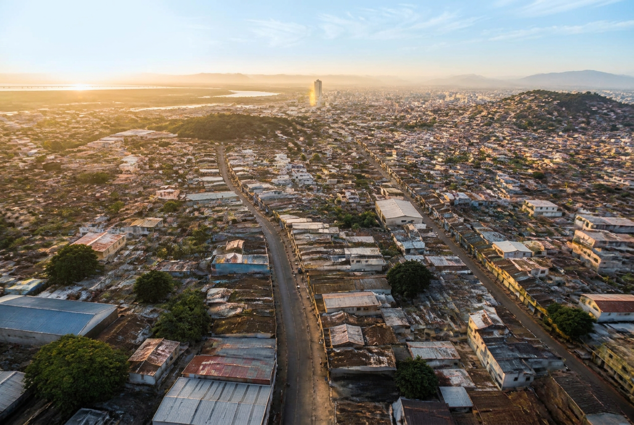Vista aérea de uma cidade ao pôr do sol antes das transformações.