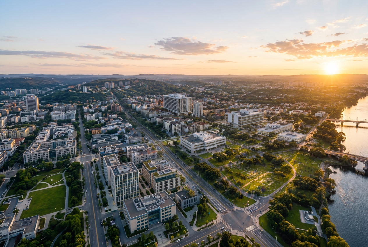Vista aérea da mesma cidade após as transformações, com marcadores institucionais.